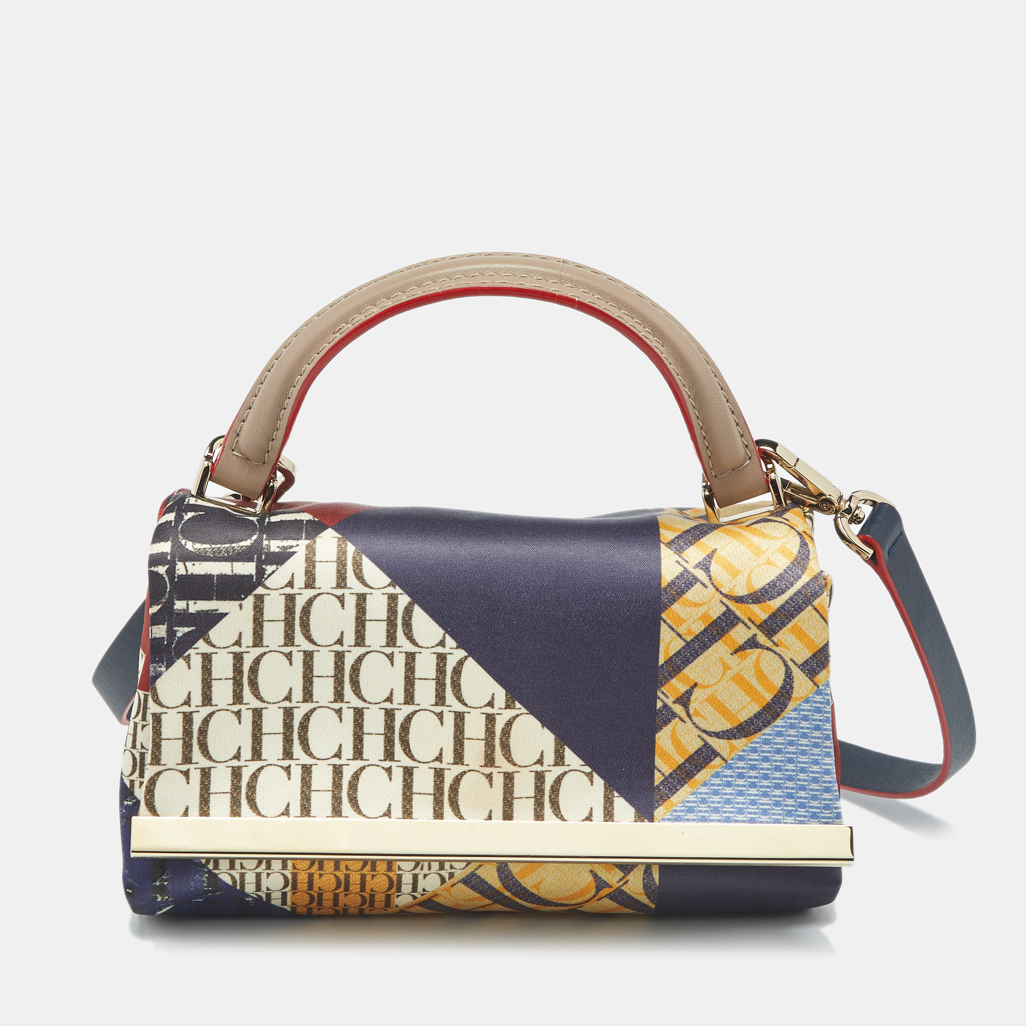 Pre-owned Carolina Herrera Multicolor Monogram Satin And Leather Metal Flap Top Handle Bag