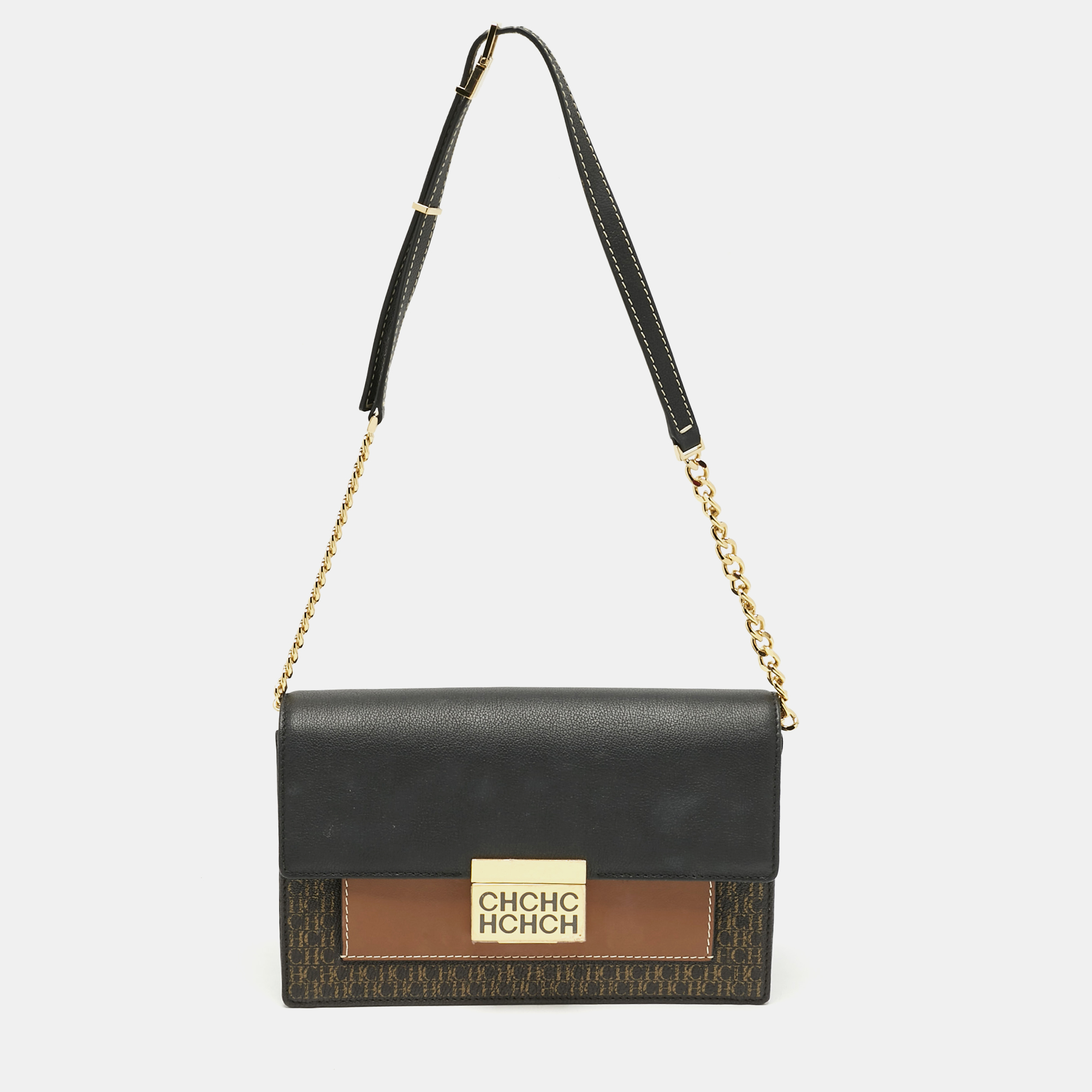 Pre-owned Carolina Herrera Black/brown Monogram Coated Canvas And Leather Chhc Flap Shoulder Bag
