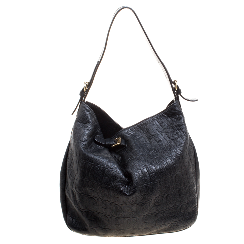 Pre Owned Carolina Herrera Black Monogram Leather Balmoral Hobo