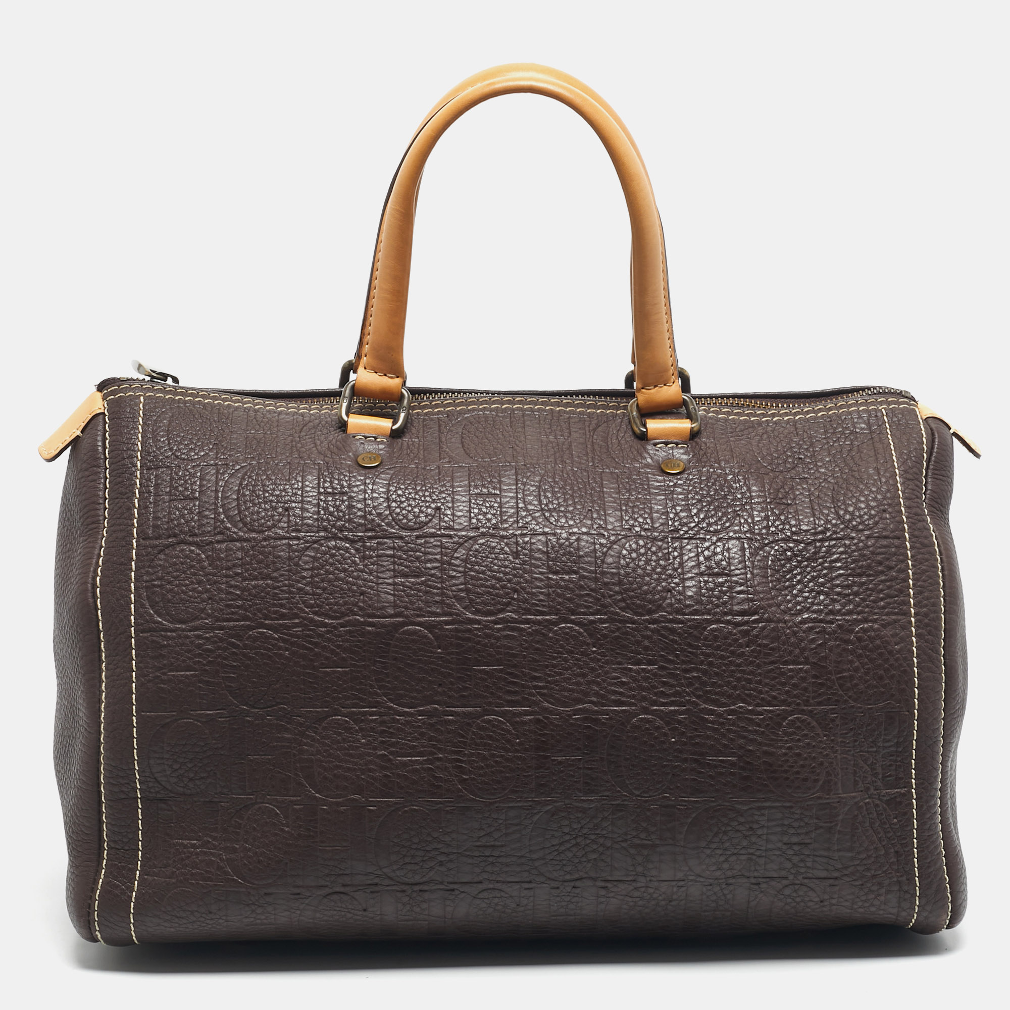 Pre-owned Carolina Herrera Dark Brown Monogram Embossed Leather Large Andy Boston Bag