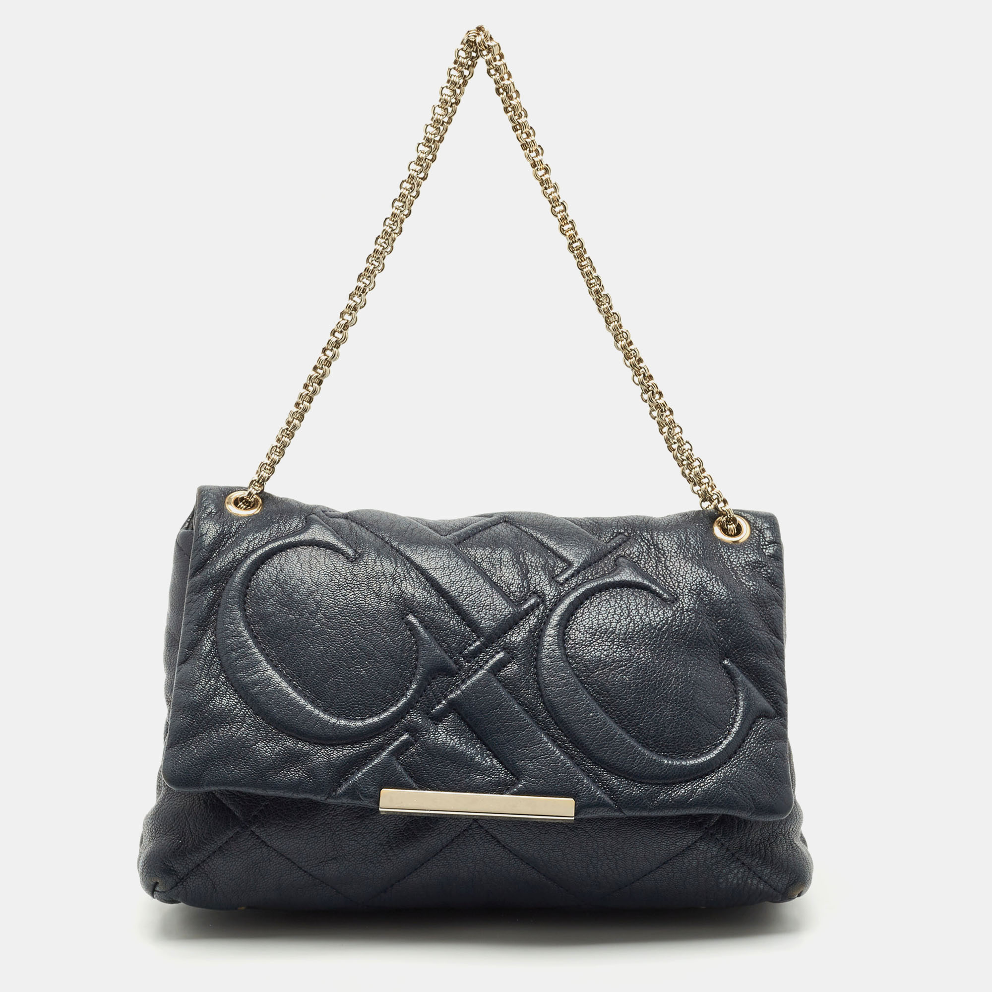 

Carolina Herrera Navy Blue Embossed Leather Metal Flap Shoulder Bag