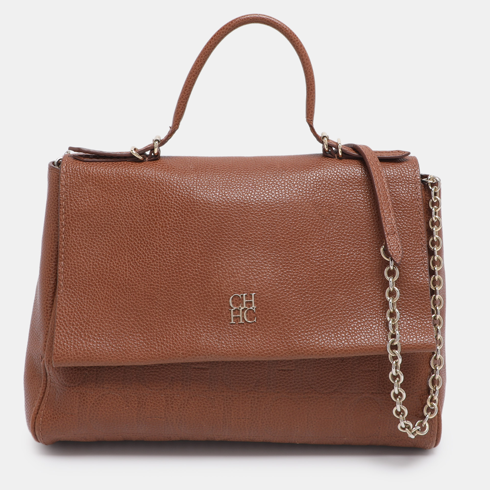 

Carolina Herrera Brown Embossed Leather Minuetto Flap Top Handle Bag