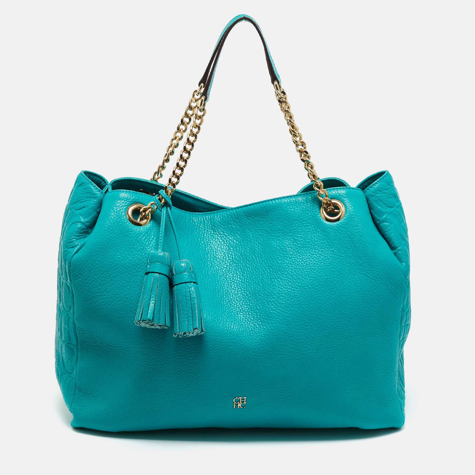 Pre-owned Carolina Herrera Green Monogram Embossed Leather Tassel Chain Tote