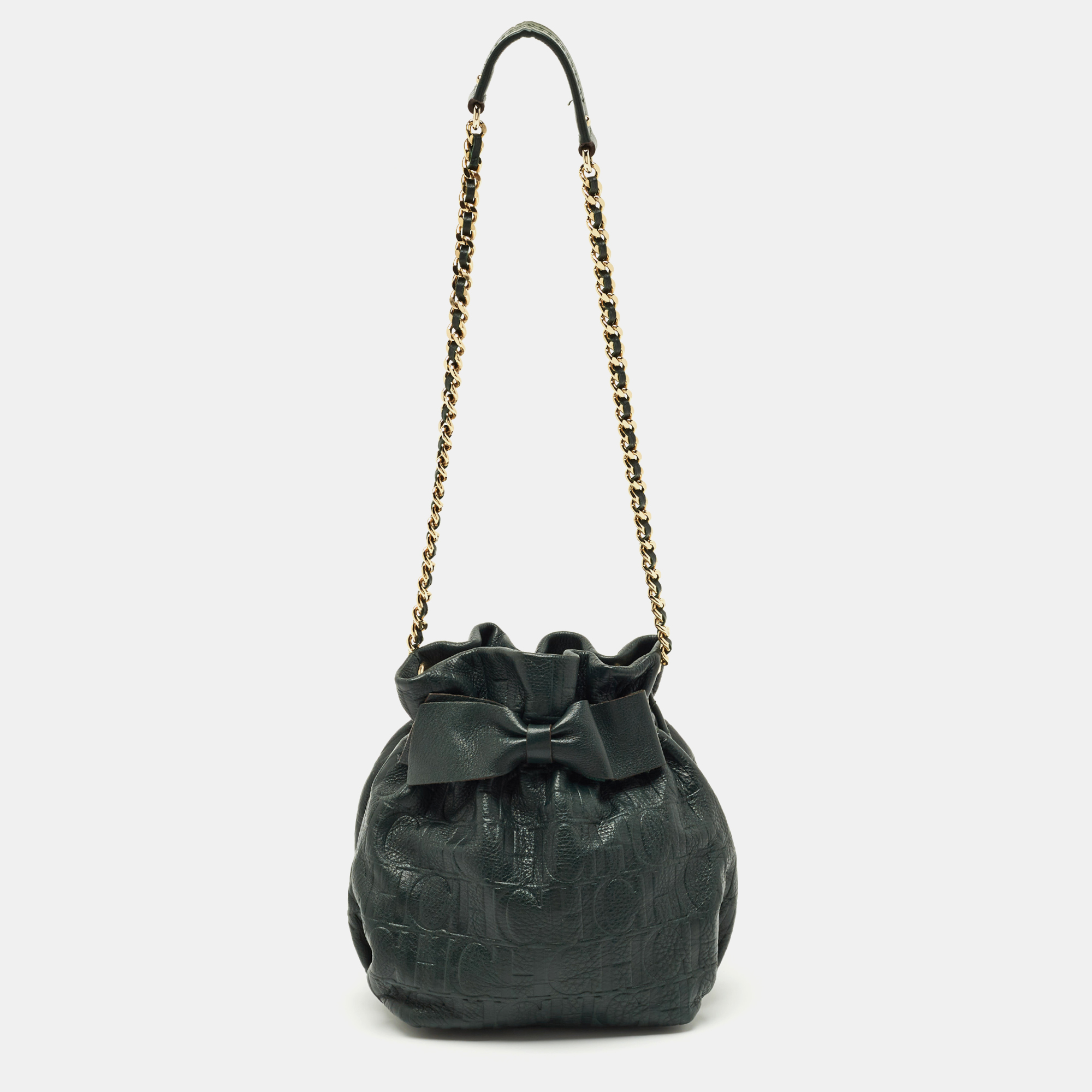 Pre-owned Carolina Herrera Dark Green Monogram Embossed Leather Bow Bucket Bag
