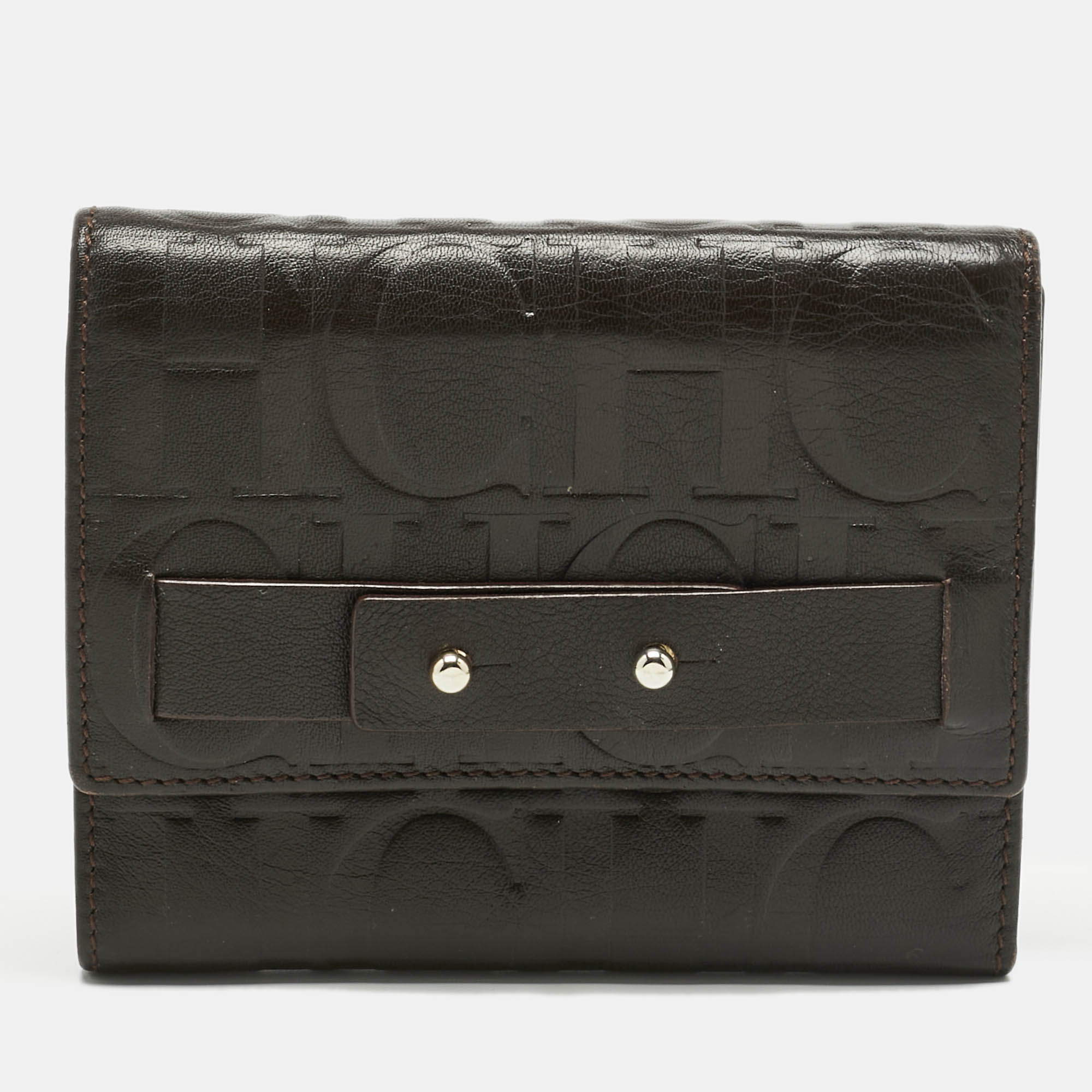 Pre-owned Carolina Herrera Dark Brown Monogram Leather Trifold Wallet