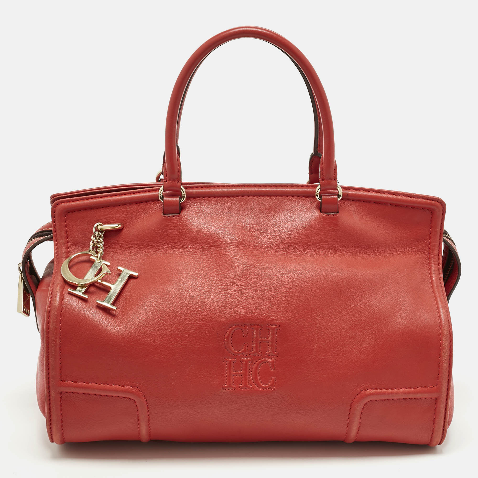 Pre-owned Carolina Herrera Red Leather Ch Logo Charm Tote