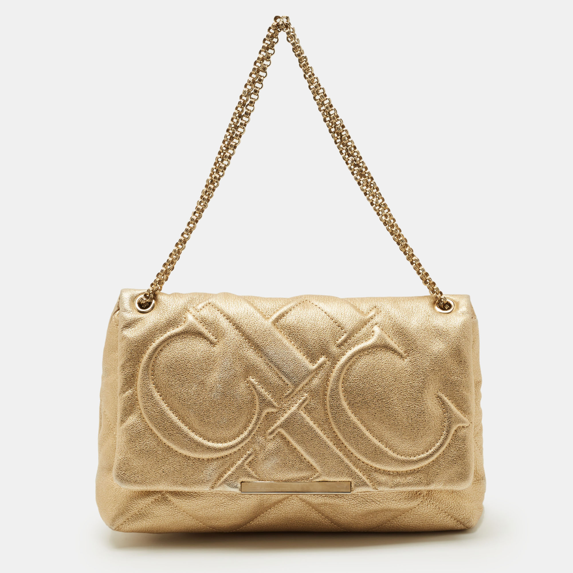 

Carolina Herrera Gold Embossed Leather Metal Flap Shoulder Bag