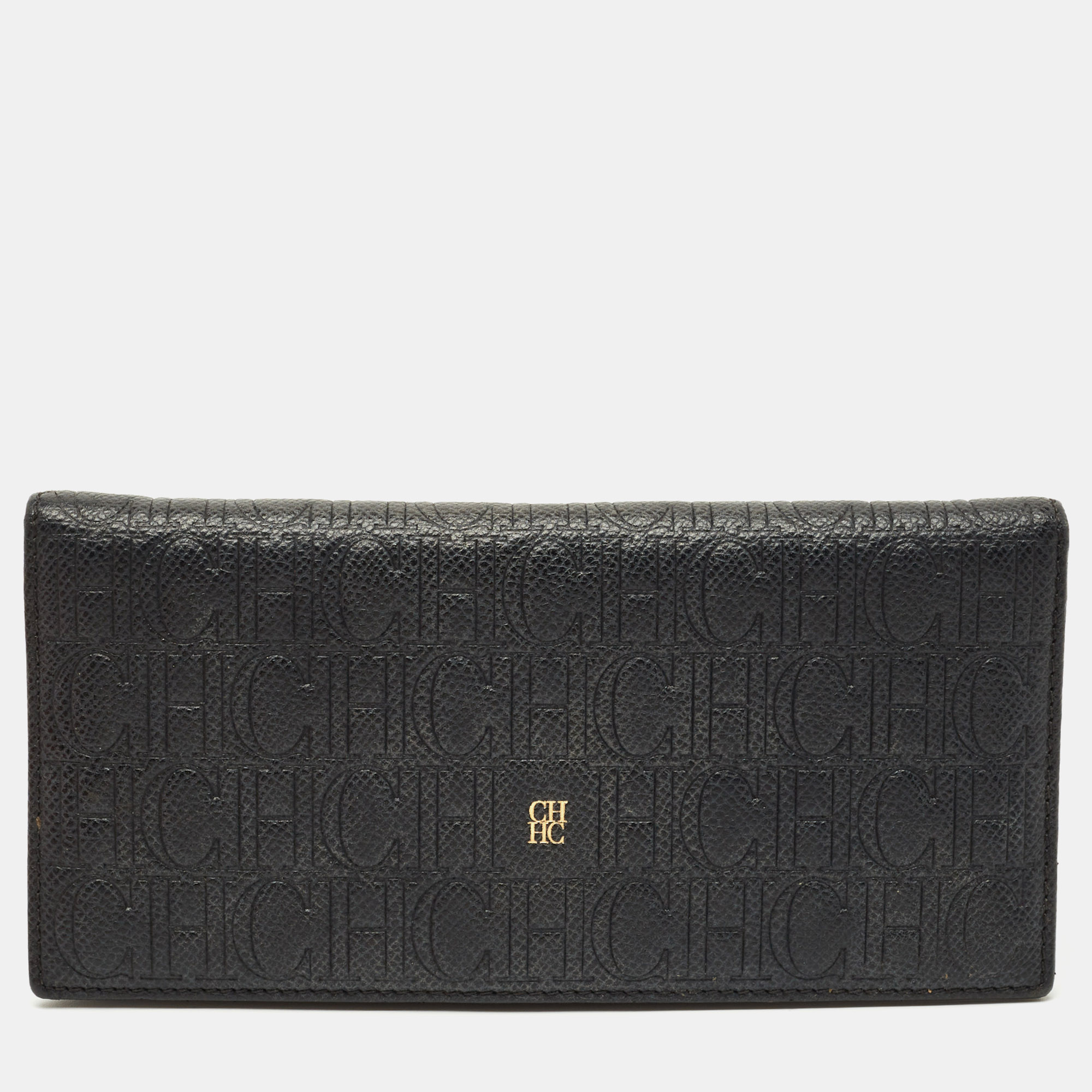 Pre-owned Carolina Herrera Black Monogram Embossed Leather Bifold Long Wallet