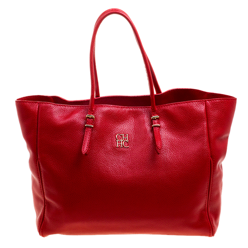 Carolina Herrera Red Monogram Leather Shopper Tote
