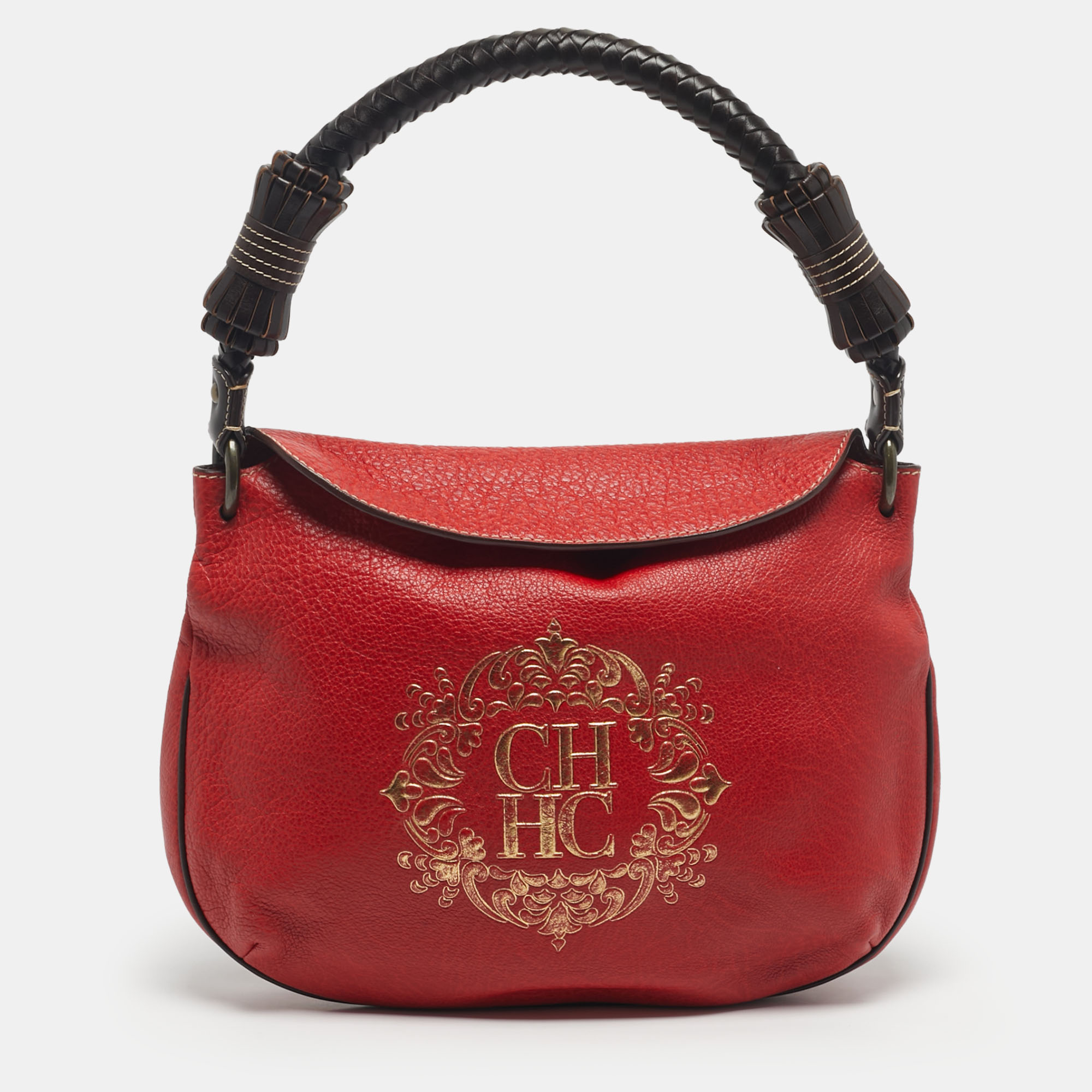 Pre-owned Carolina Herrera Red/brown Leather Braided Handle Hobo
