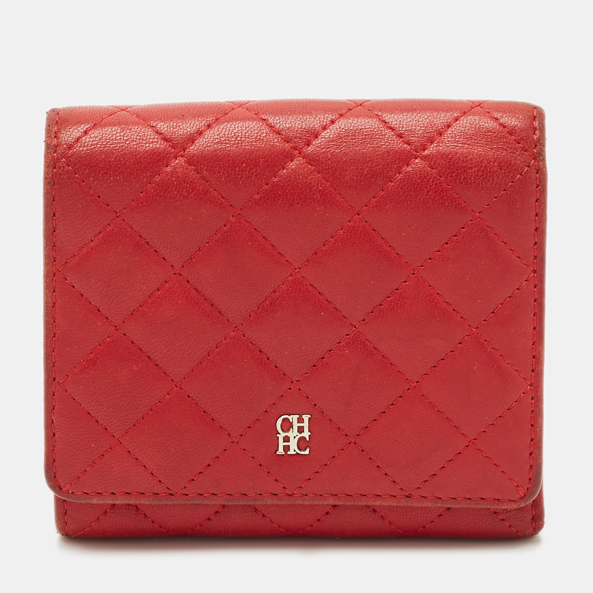 Pre-owned Carolina Herrera Red Quilted Leather Trifold Compact Wallet
