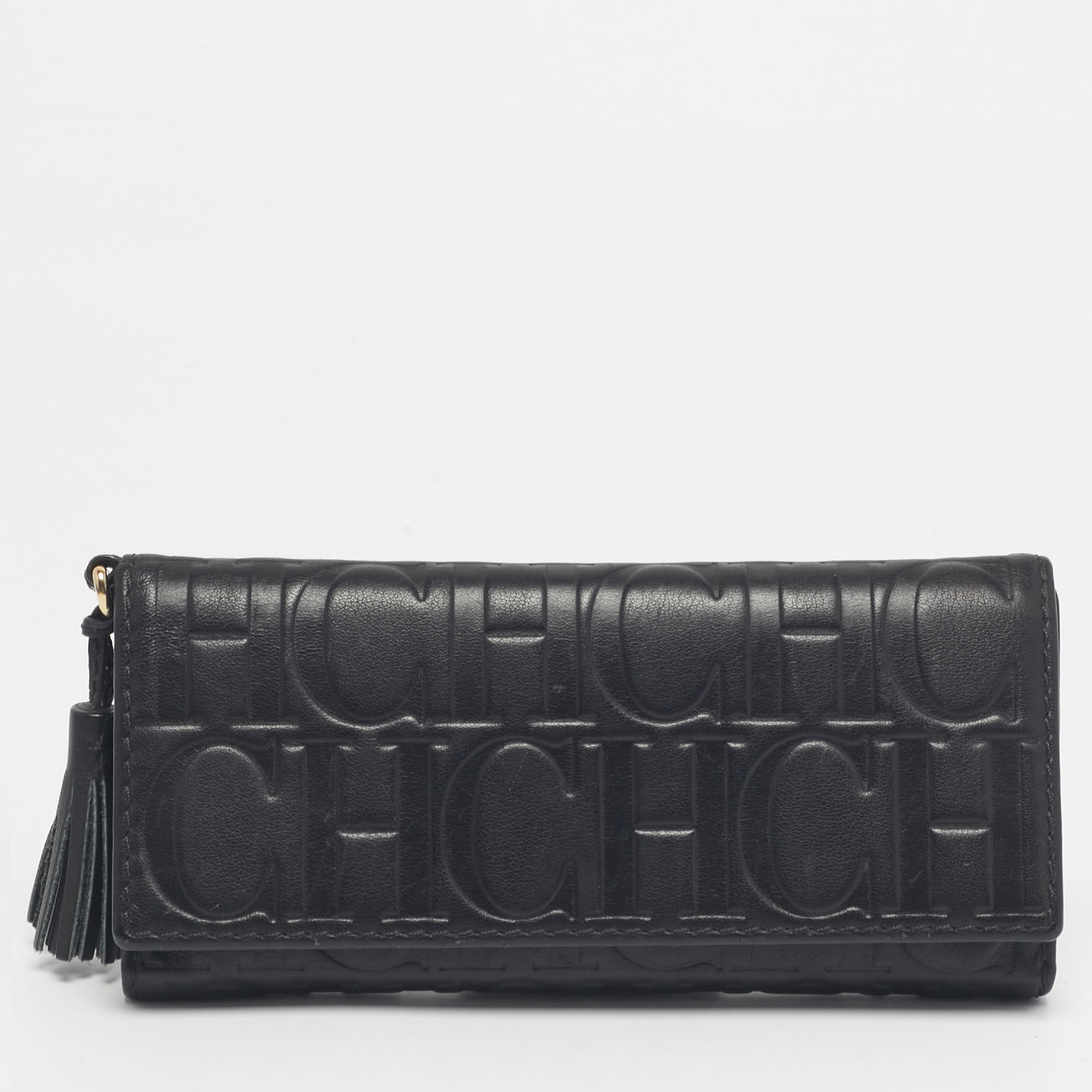 Pre-owned Carolina Herrera Black Monogram Embossed Leather Tassel Trifold Continental Wallet