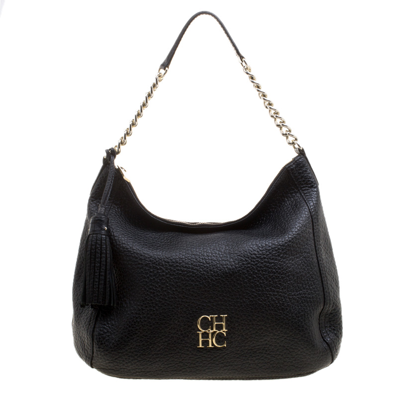 Pre Owned Carolina Herrera Black Pebbled Leather Hobo