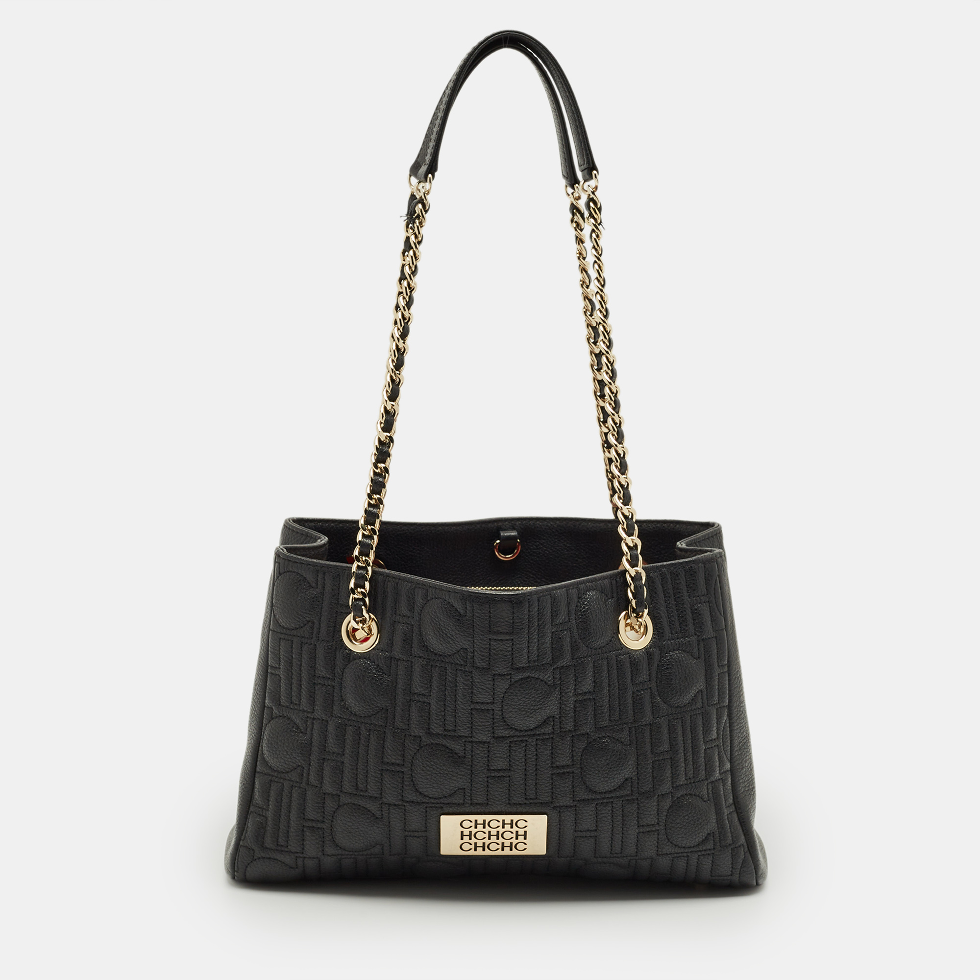 Pre-owned Carolina Herrera Black Monogram Leather Chhc Chain Tote