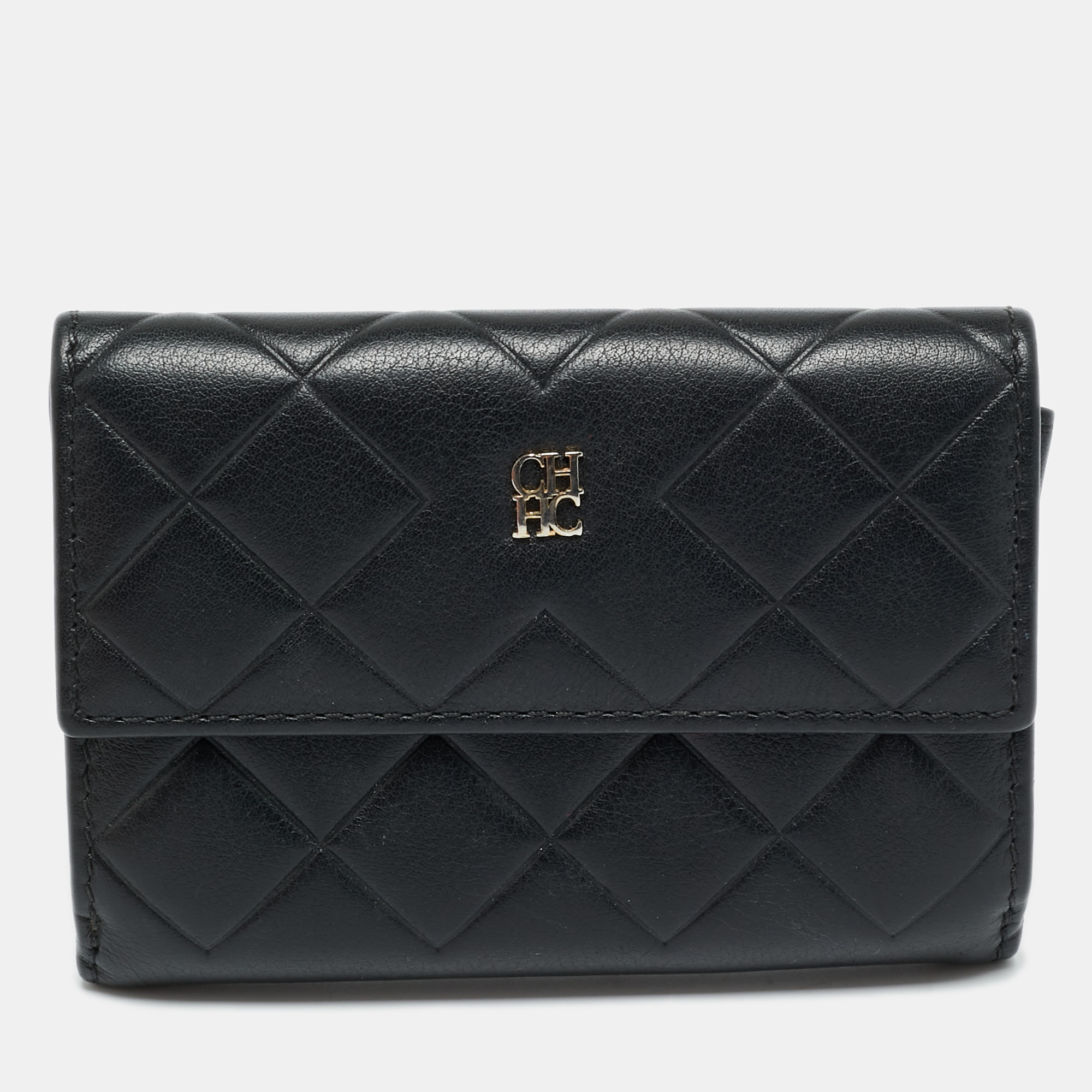 Pre-owned Carolina Herrera Black Quilted Leather Flap Compact Wallet