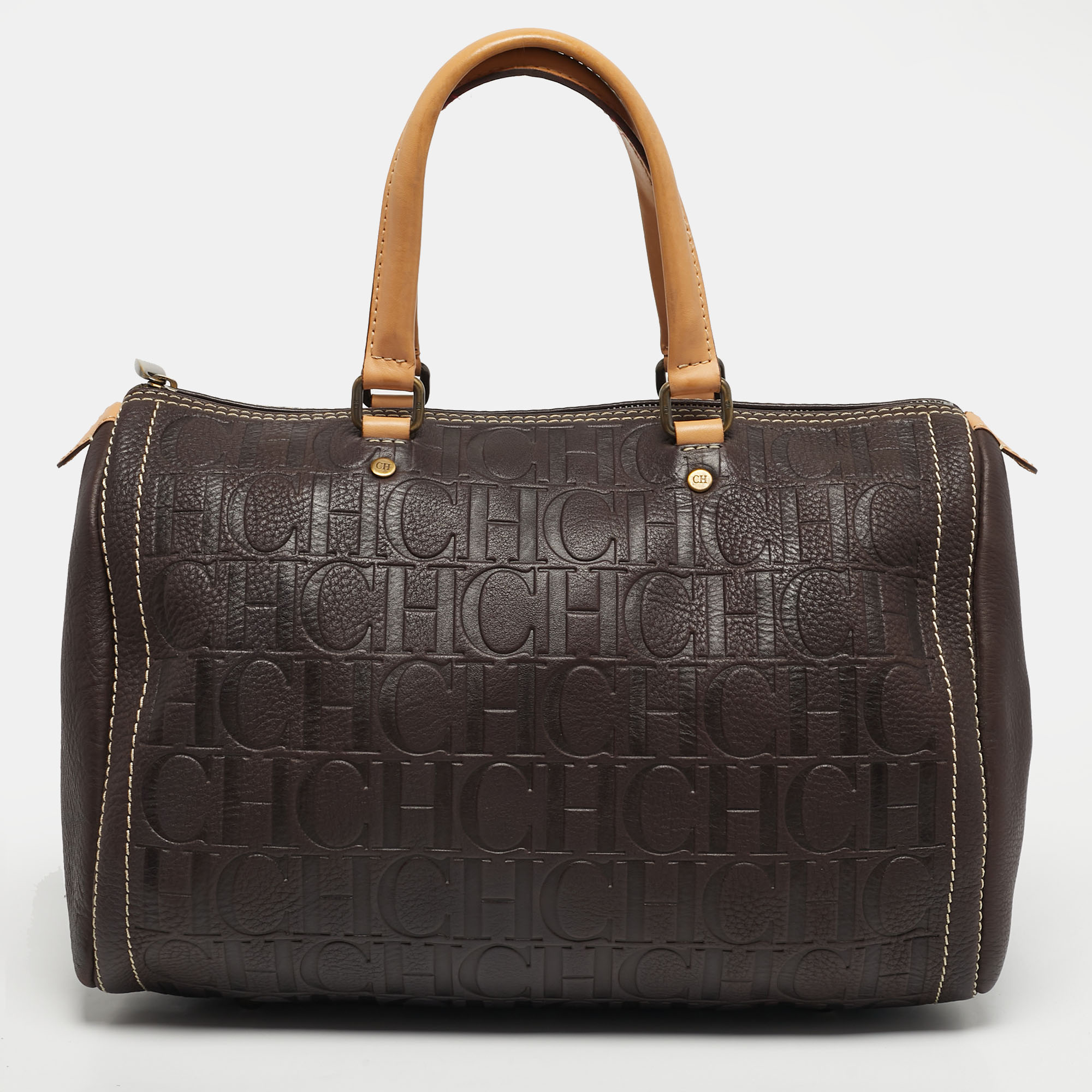 

Carolina Herrera Dark Brown Monogram Embossed Leather Large Andy Satchel