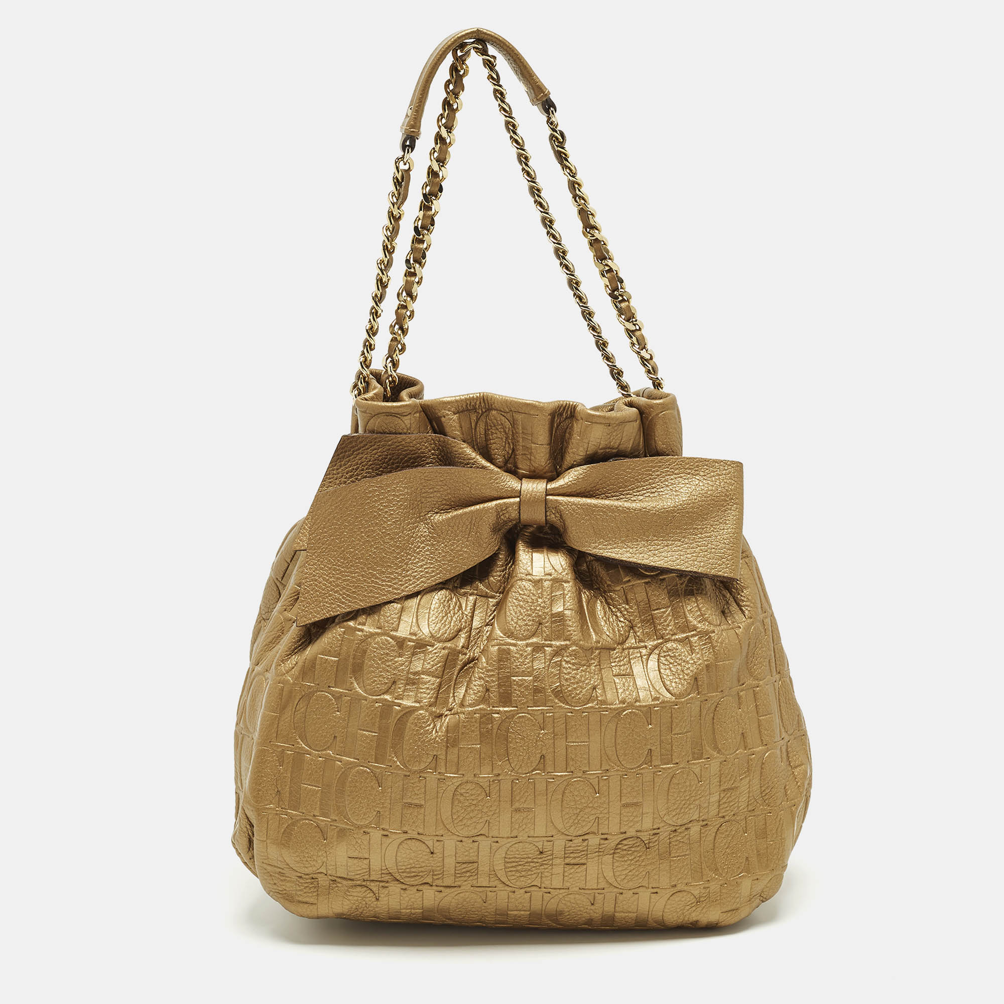 

Carolina Herrera Bow Gold Monogram Embossed Leather Bucket Bag