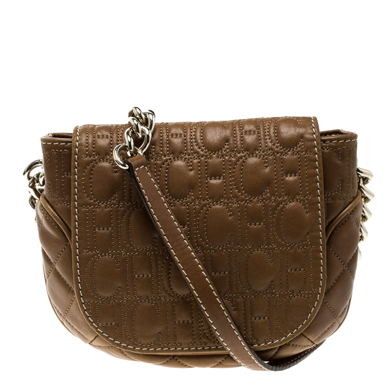 Pre Owned Carolina Herrera Brown Quilted Monogram Leather Shoulder Bag