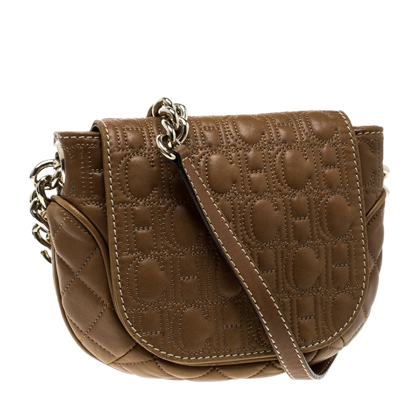 Authentic Carolina Herrera Brown Quilted Leather Crossbody Handbags