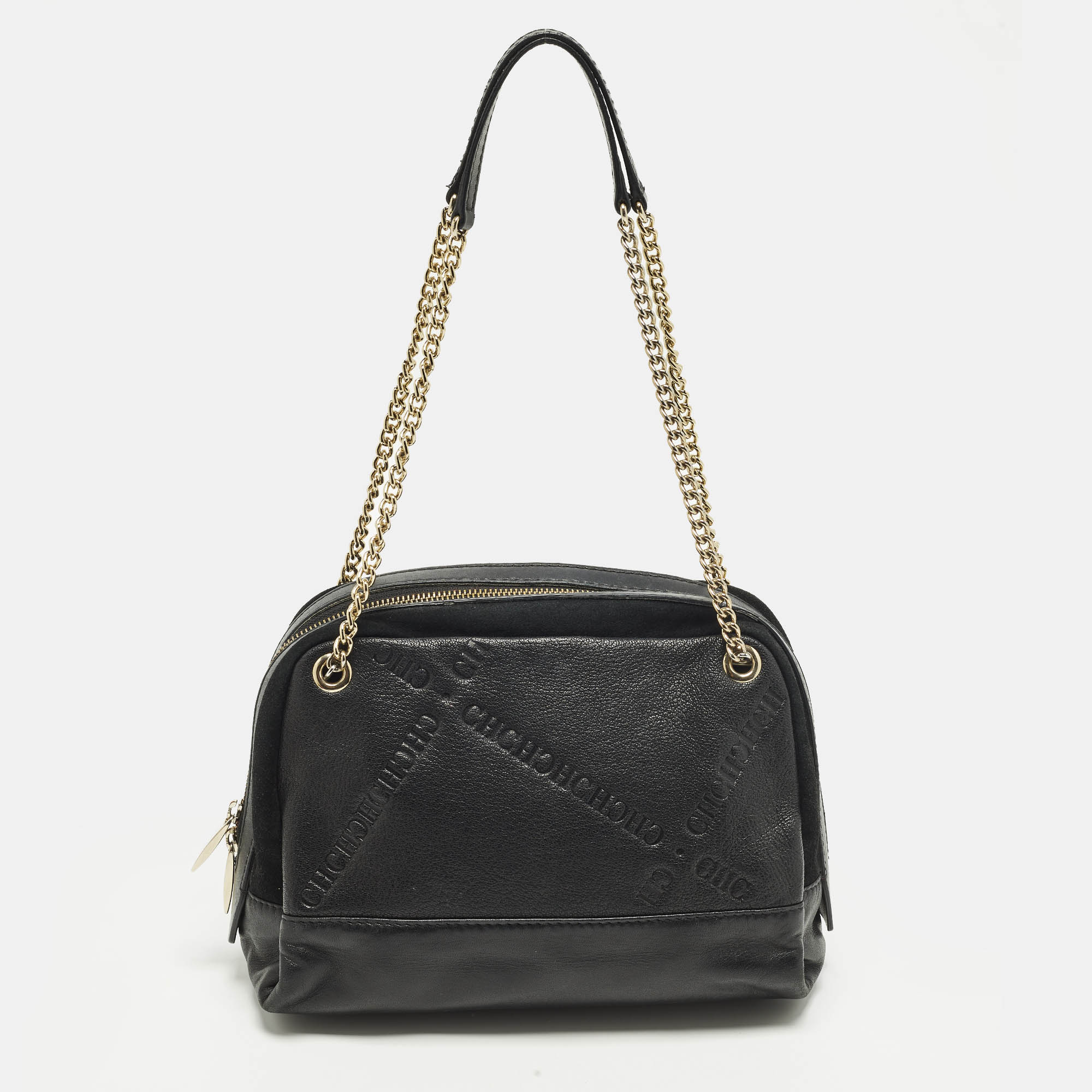 

Carolina Herrera Chain Black Logo Embossed Leather and Suede Satchel