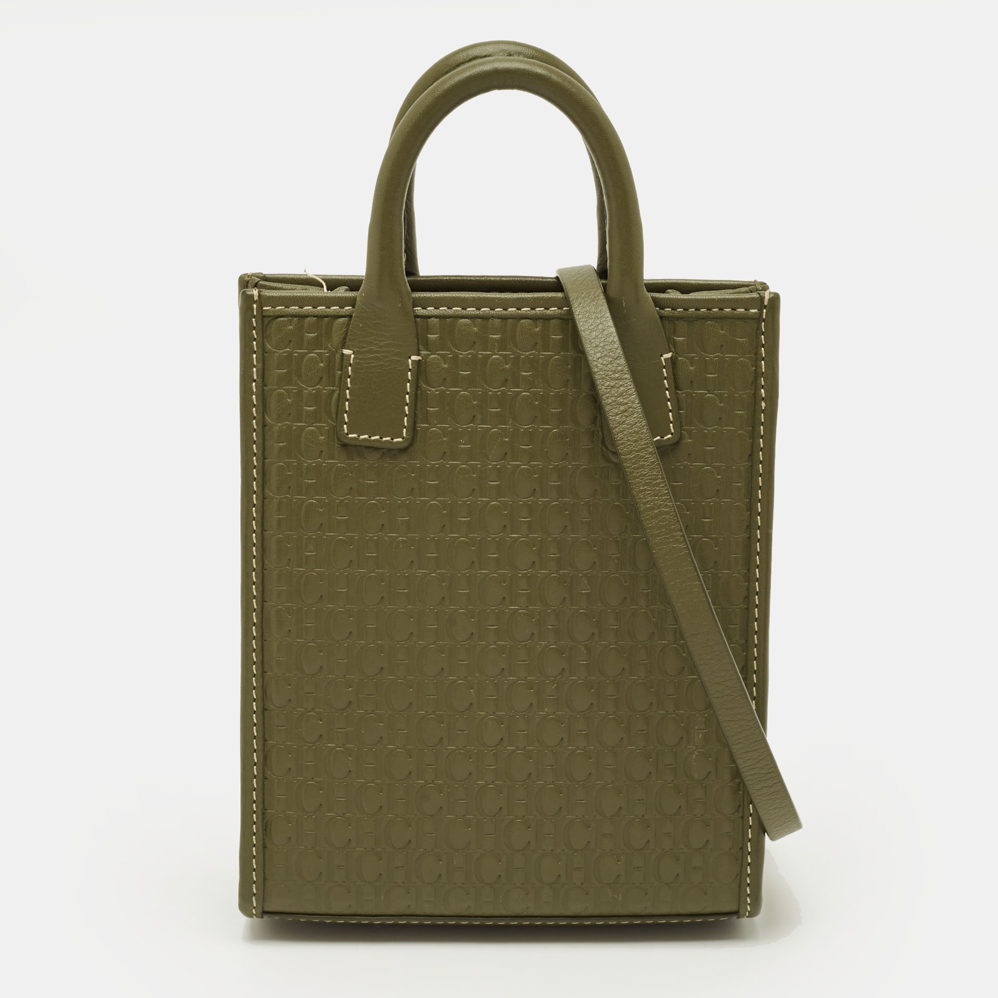 

Carolina Herrera Mini Green Monogram Embossed Leather and Suede Tote