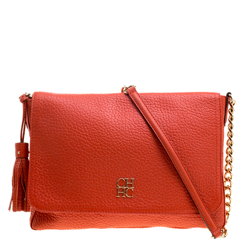 Pre Owned Carolina Herrera Red Pebbled Leather Flap Shoulder Bag