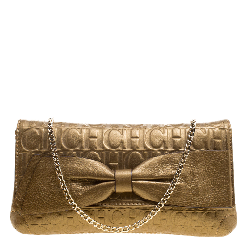 Pre Owned Carolina Herrera Gold Monogram Leather Bow Bag