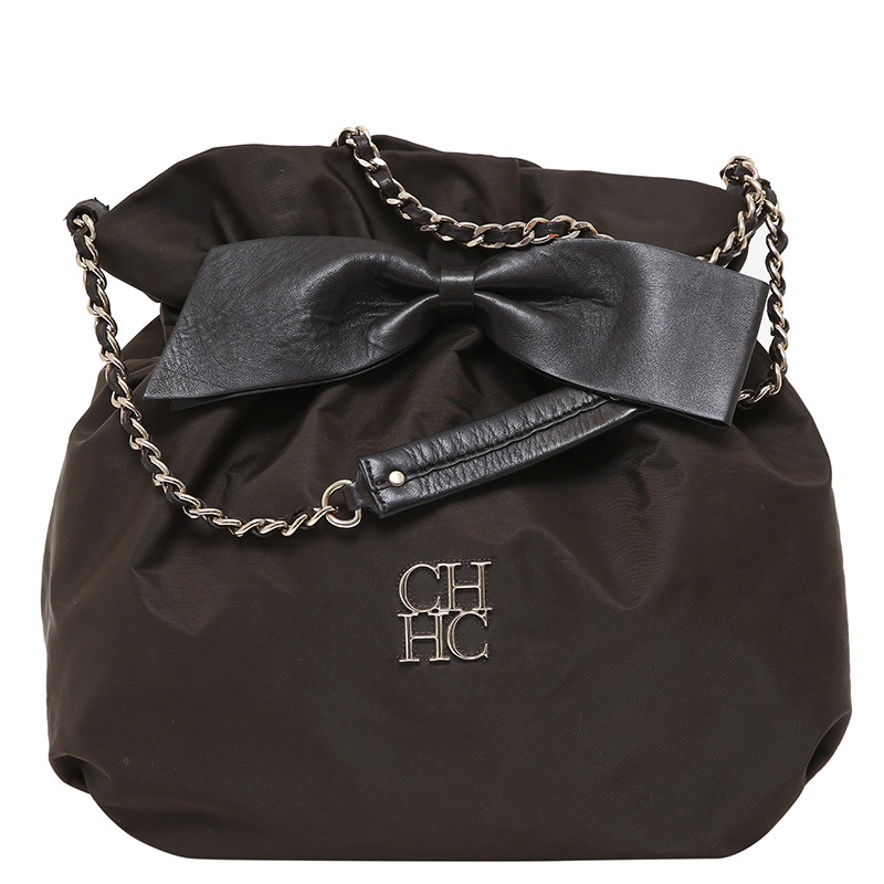 Pre Owned Carolina Herrera Dark Brown Nylon Drawstring Shoulder Bag