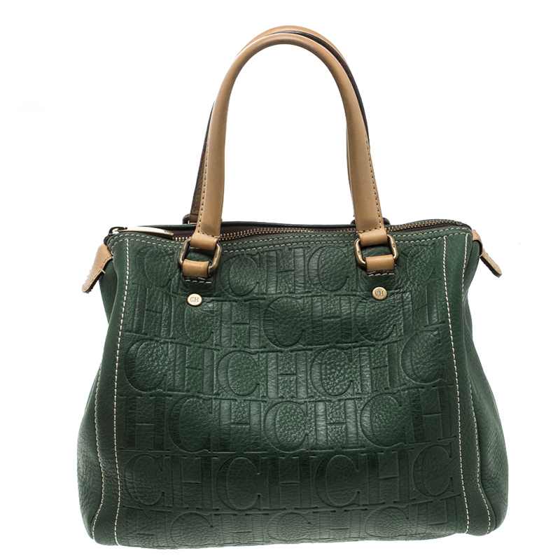 Carolina Herrera Green Monogram Leather Andy Boston Bag
