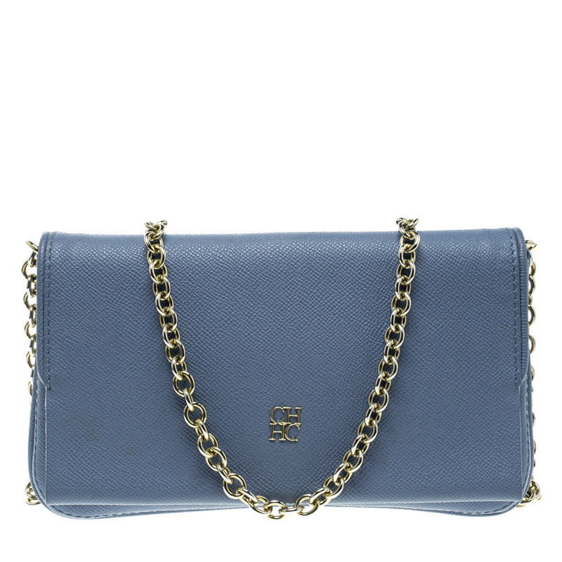 Pre Owned Carolina Herrera Blue Leather Flap Bag