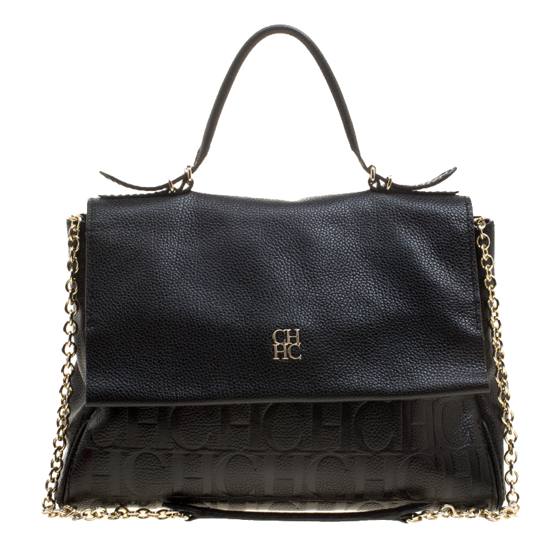 Pre Owned Carolina Herrera Black Monogram Leather Top Handle Shoulder Bag