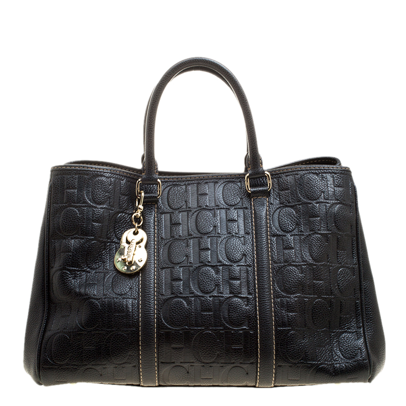 Pre Owned Carolina Herrera Black Monogram Leather Matteo Tote