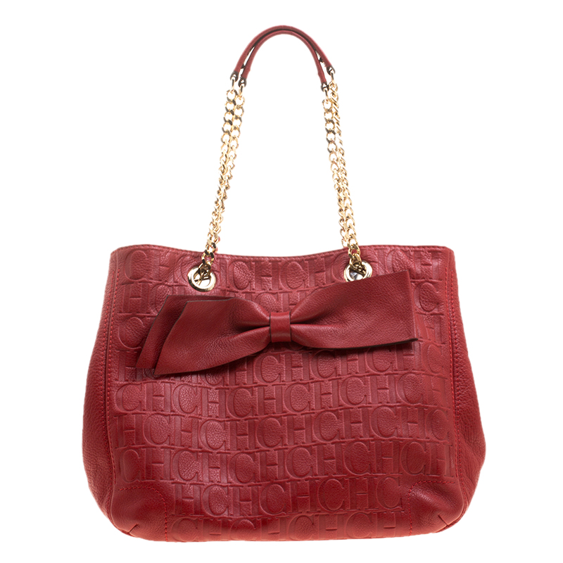 Pre Owned Carolina Herrera Red Monogram Leather Audrey Tote