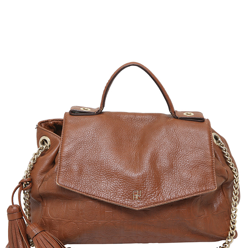 Carolina Herrera Brown Monogram Embossed Leather Flap Satchel Bag ...