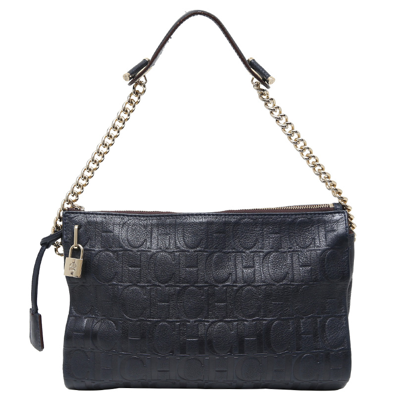 Carolina Herrera Black Monogram Embossed Leather Chain Shoulder Bag