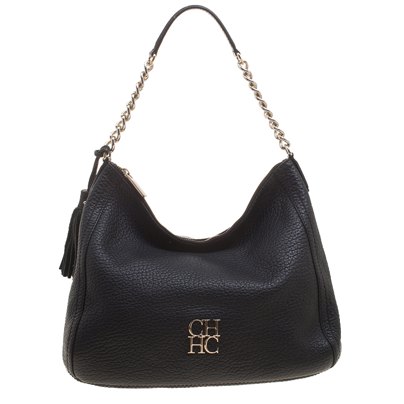 Pre Owned Carolina Herrera Black Pebbled Leather Hobo