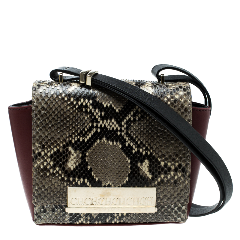 Pre Owned Carolina Herrera Leather and Python Skin Casati Shoulder Bag