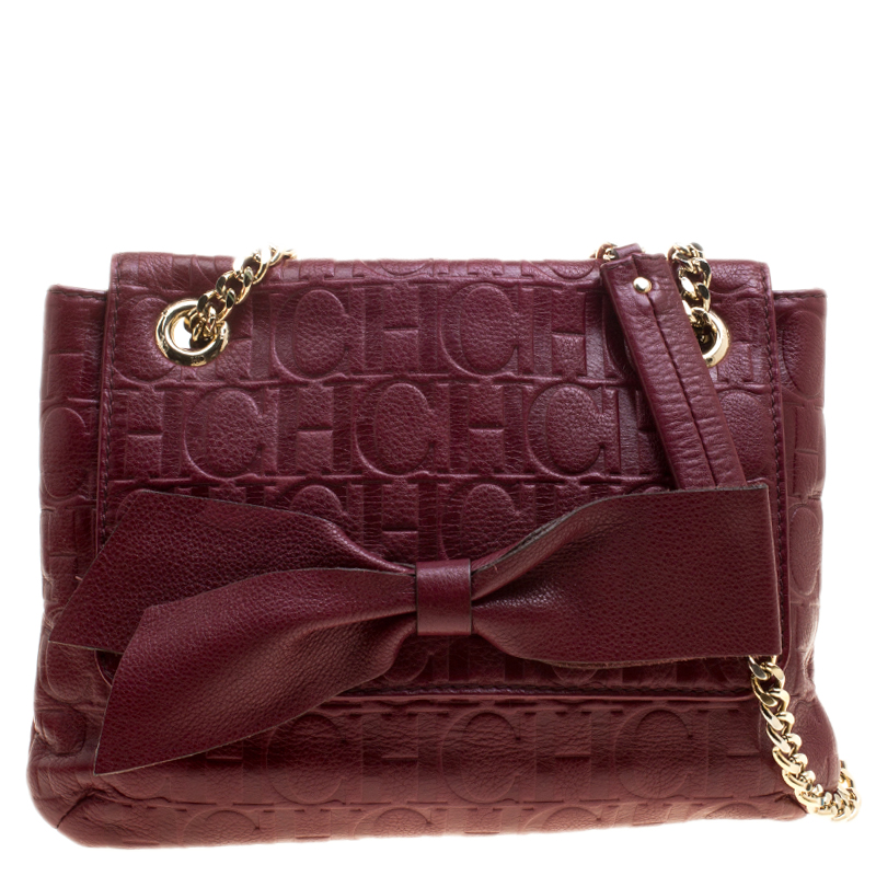 Carolina Herrera Burgundy Monogram Leather Audrey Shoulder Bag