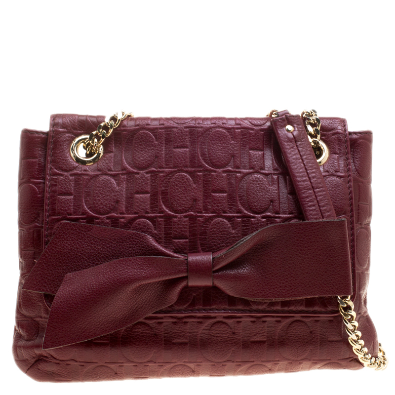 Pre Owned Carolina Herrera Burgundy Monogram Leather Audrey Shoulder Bag