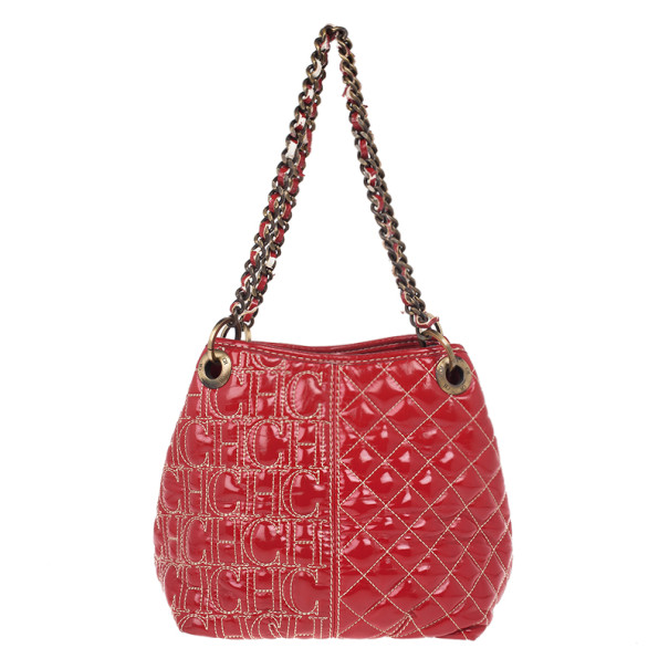 Pre Owned Carolina Herrera Red Quilted Monogram Tote