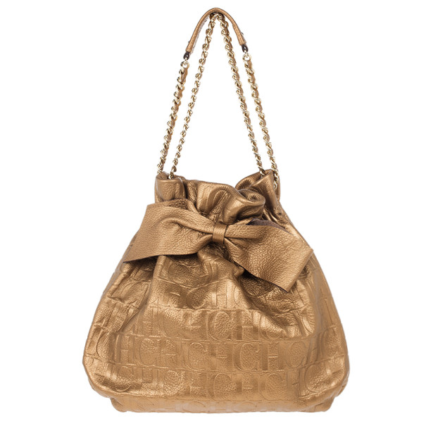 Pre Owned Carolina Herrera Gold Monogram Embossed Bag