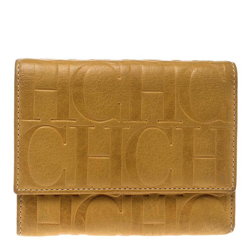Pre Owned Carolina Herrera Yellow Monogram Compact Wallet
