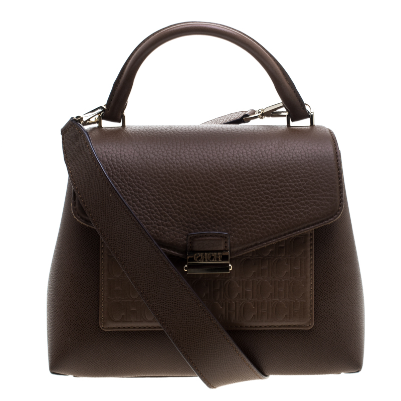 Pre Owned Carolina Herrera Brown Monogram Leather Top Handle Bag