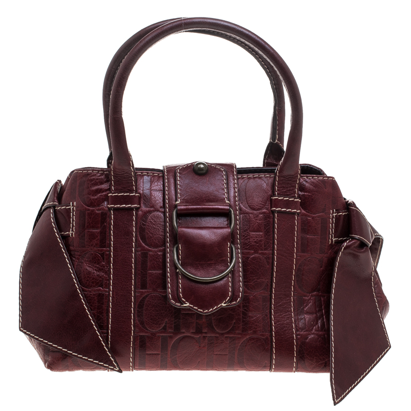 Pre Owned Carolina Herrera Dark Red Monogram Leather Bow Satchel