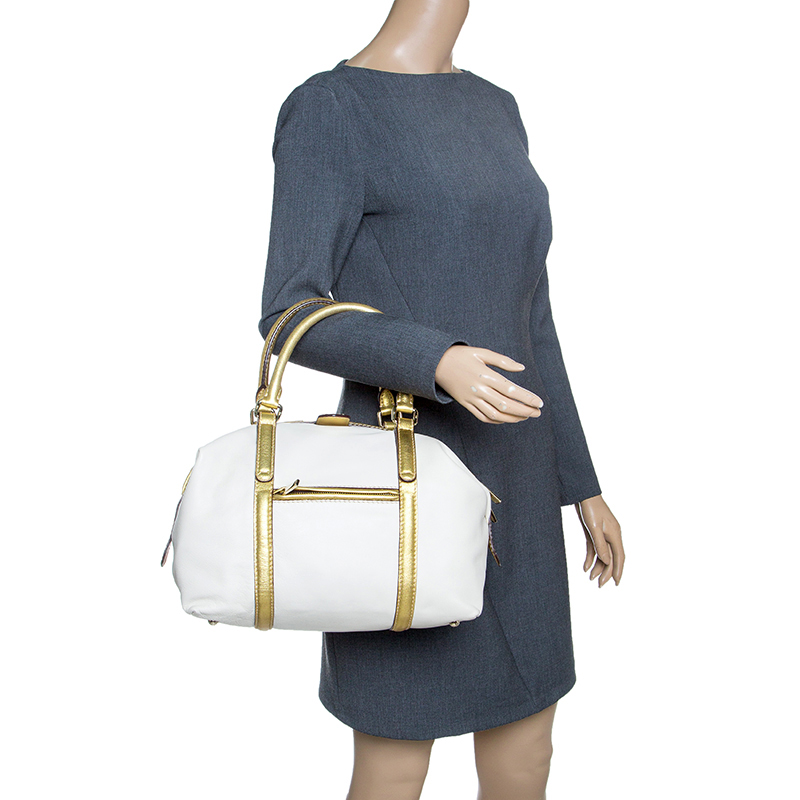 

Carolina Herrera White/Gold Leather Boston Bag