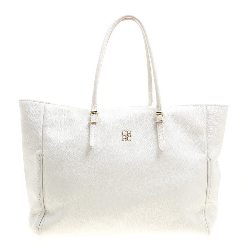 مملوكة مسبقًا Carolina Herrera White Leather Shopper Tote