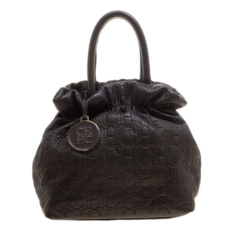 Pre Owned Carolina Herrera Black Monogram Embossed Leather Tote