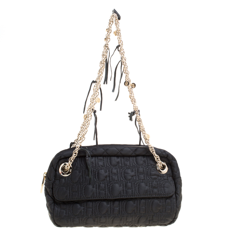 Pre Owned Carolina Herrera Black Monogram Nylon Shoulder Bag