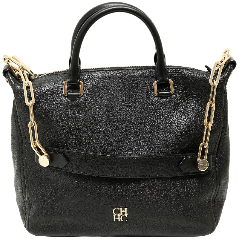 Pre Owned Carolina Herrea Black Pebbled Leather Chain Top Handle Bag
