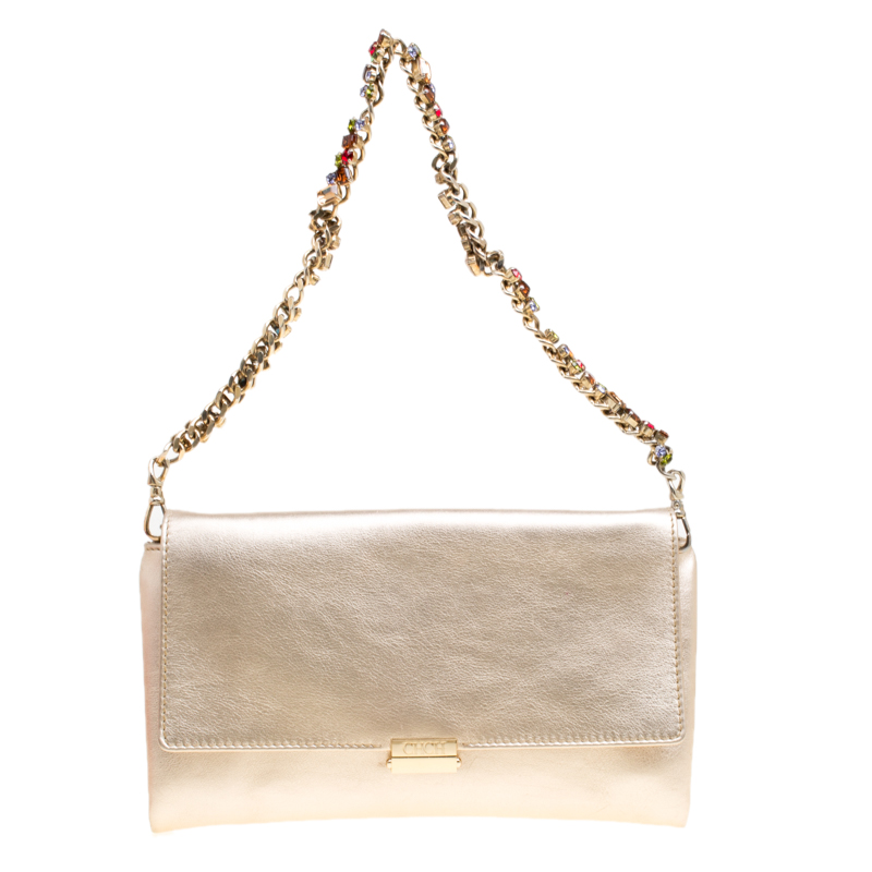 Carolina Herrera Gold Leather Jewel Chain Shoulder Bag
